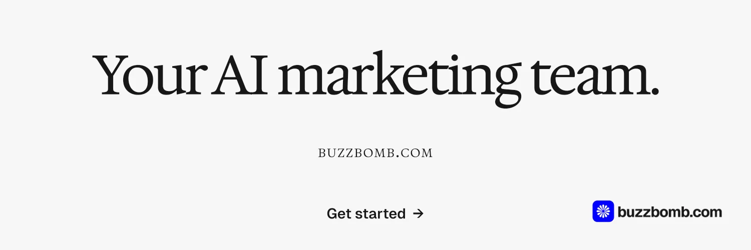 X header for BuzzBomb: "Your AI marketing team." Swiss style, smallcaps layout, light palette in white, grey.