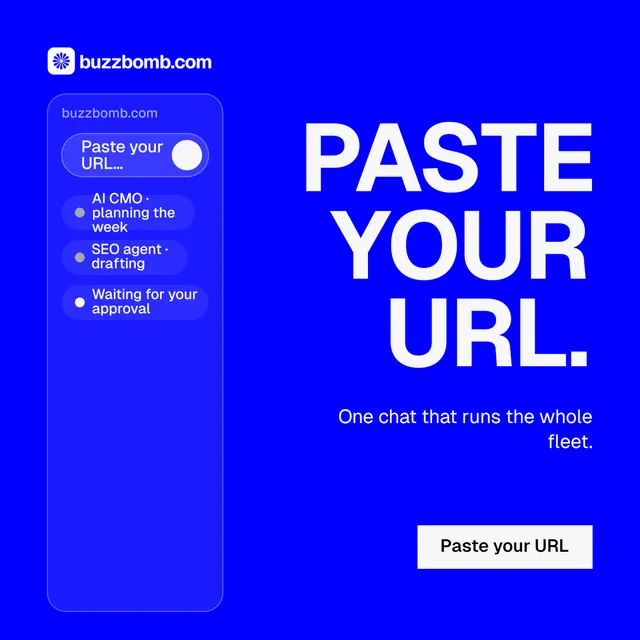 Instagram post for BuzzBomb: "Paste your URL." Swiss style, right layout, dark palette in blue.