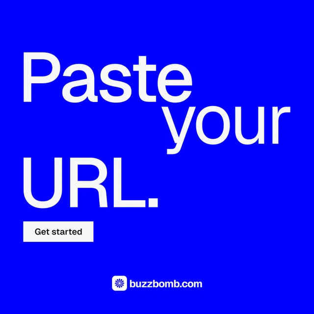 Instagram post for BuzzBomb: "Paste your URL." Swiss style, stacked layout, dark palette in blue.