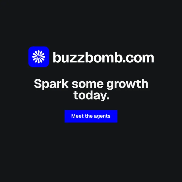 Instagram post for BuzzBomb: "Spark some growth today." Split block style, logo hero layout, dark palette in black, grey.