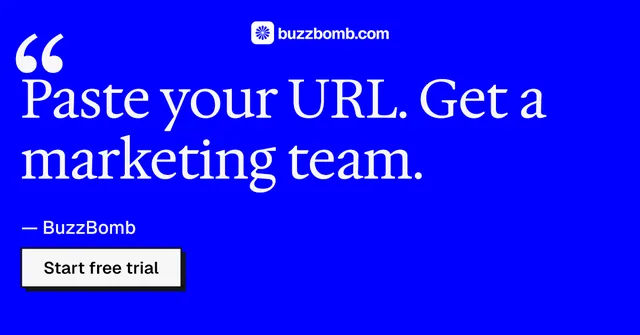 Social ad for BuzzBomb: "Paste your URL." Brutalist style, quote layout, dark palette in blue.