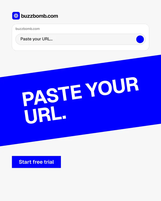 Instagram portrait post for BuzzBomb: "Paste your URL." Swiss style, diagonal layout, light palette in white, blue.