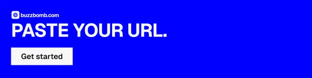 LinkedIn banner for BuzzBomb: "Paste your URL." Swiss style, skeleton layout, dark palette in blue.