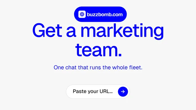 Landscape graphic for BuzzBomb: "Get a marketing team." Agentic glass style, centred layout, light palette in white, blue.