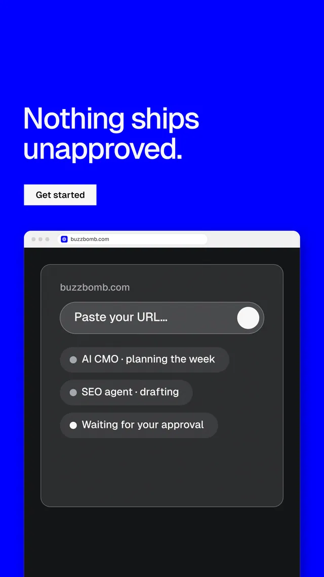 Instagram story for BuzzBomb: "Nothing ships unapproved." Split block style, browser layout, dark palette in blue, grey.