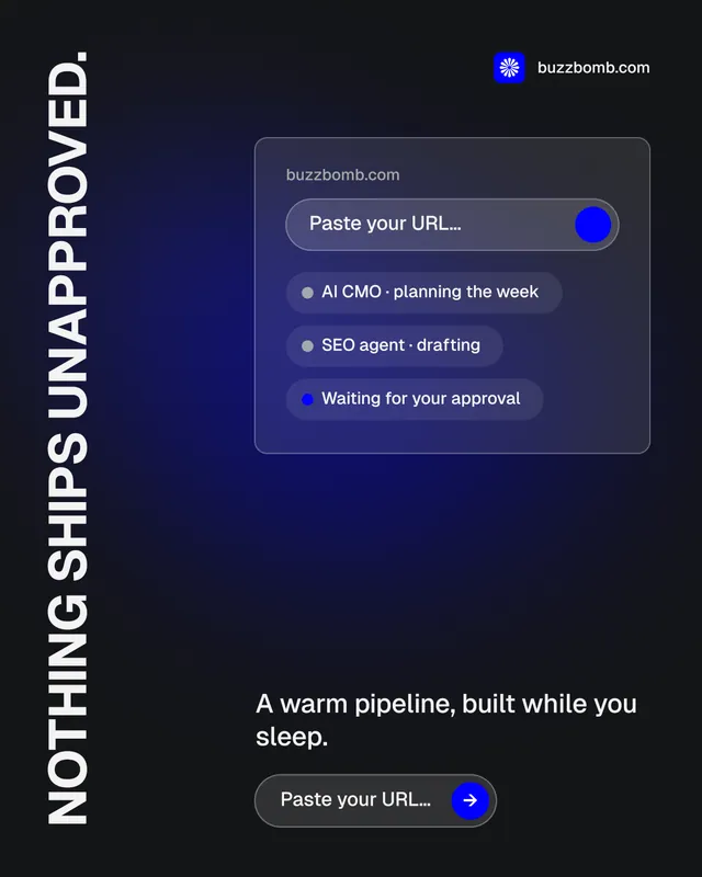 Instagram portrait post for BuzzBomb: "Nothing ships unapproved." Agentic glass style, vertical layout, dark palette in black, blue, grey.