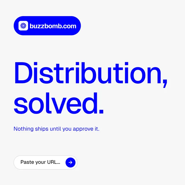 Instagram post for BuzzBomb: "Distribution, solved." Agentic glass style, announce layout, light palette in white, blue.