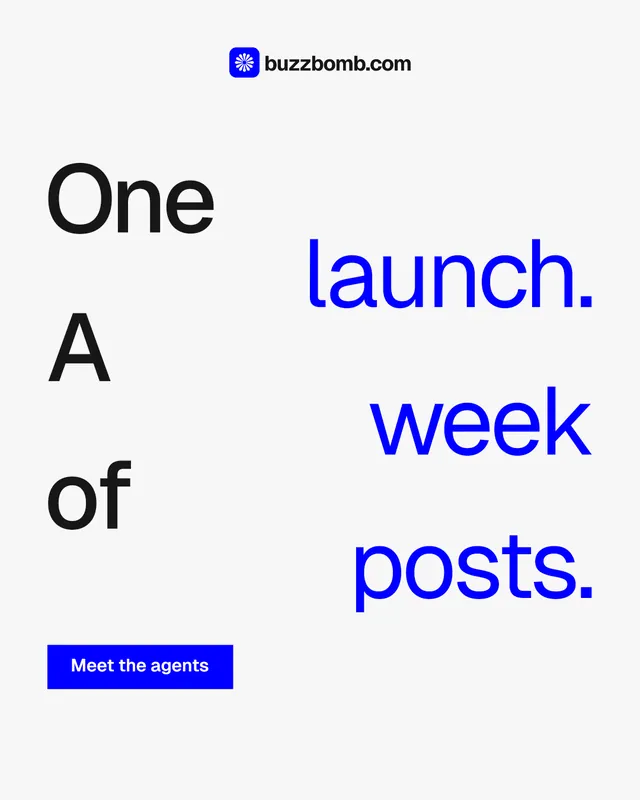 Instagram portrait post for BuzzBomb: "One launch. A week of posts." Swiss style, stacked layout, light palette in white, blue.