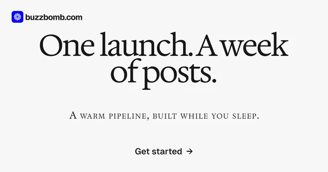 Social ad for BuzzBomb: "One launch. A week of posts." Brutalist style, smallcaps layout, light palette in white, grey.