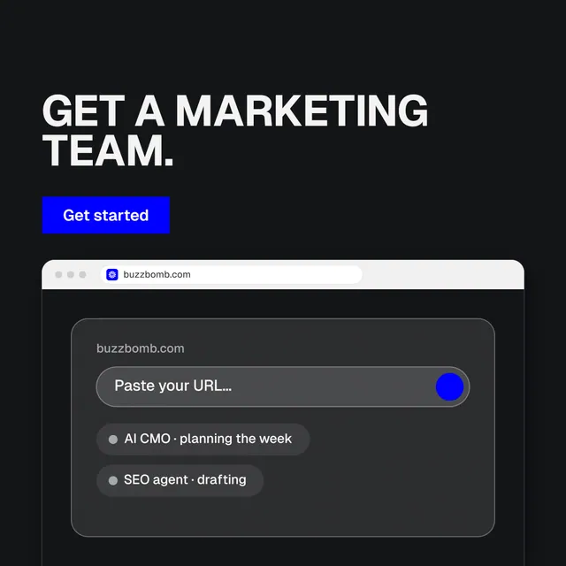 Instagram post for BuzzBomb: "Get a marketing team." Split block style, browser layout, dark palette in black, grey.