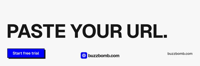X header for BuzzBomb: "Paste your URL." Brutalist style, poster layout, light palette in white, blue, grey.