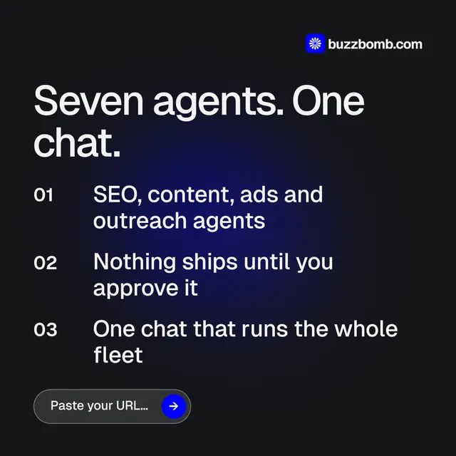 Instagram post for BuzzBomb: "Seven agents. One chat." Agentic glass style, numbered layout, dark palette in black, blue, grey.