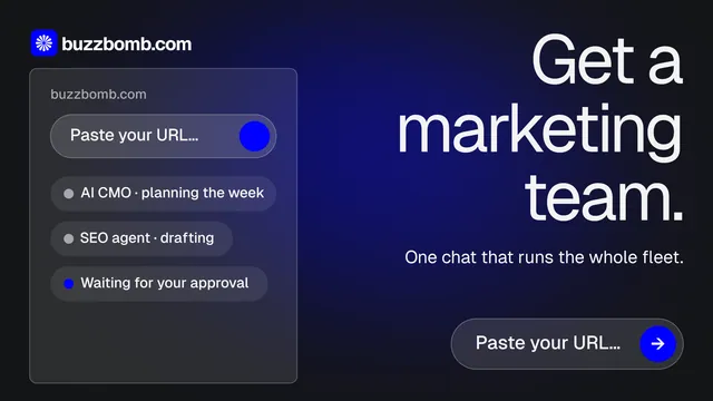 Landscape graphic for BuzzBomb: "Get a marketing team." Agentic glass style, right layout, dark palette in black, blue, grey.