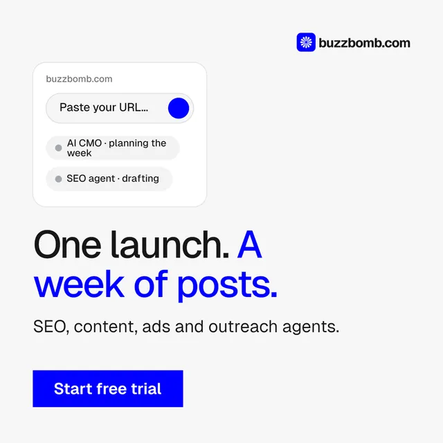 Instagram post for BuzzBomb: "One launch. A week of posts." Swiss style, skeleton layout, light palette in white, blue.