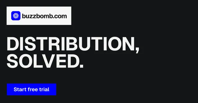 Social ad for BuzzBomb: "Distribution, solved." Brutalist style, announce layout, dark palette in black, grey.