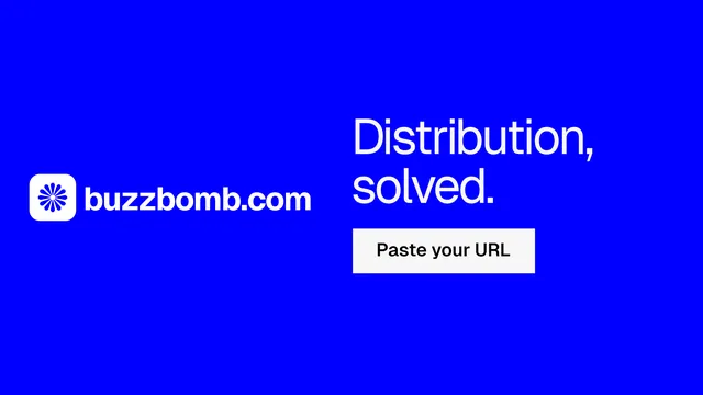 Landscape graphic for BuzzBomb: "Distribution, solved." Swiss style, logo hero layout, dark palette in blue.