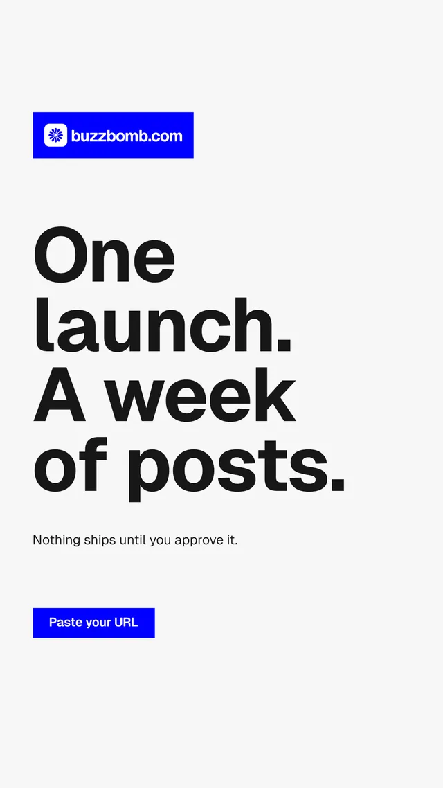 Instagram story for BuzzBomb: "One launch. A week of posts." Swiss style, announce layout, light palette in white, blue.