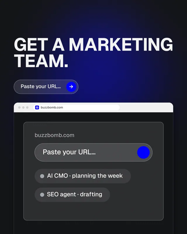 Instagram portrait post for BuzzBomb: "Get a marketing team." Agentic glass style, browser layout, dark palette in black, blue, grey.