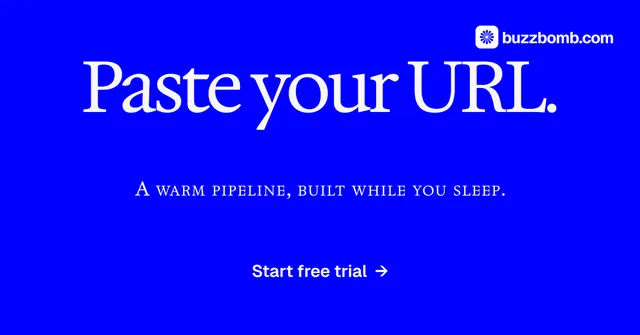 Social ad for BuzzBomb: "Paste your URL." Split block style, smallcaps layout, dark palette in blue.
