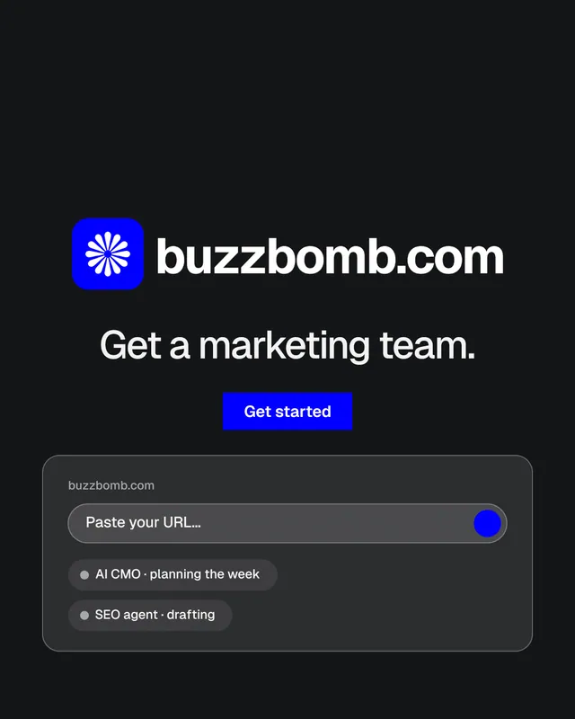 Instagram portrait post for BuzzBomb: "Get a marketing team." Split block style, logo hero layout, dark palette in black, grey.