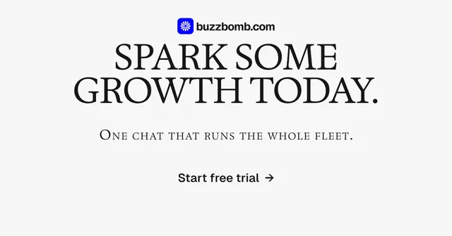 Social ad for BuzzBomb: "Spark some growth today." Swiss style, smallcaps layout, light palette in white, grey.