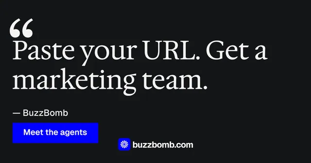 Social ad for BuzzBomb: "Spark some growth today." Split block style, quote layout, dark palette in black, grey.