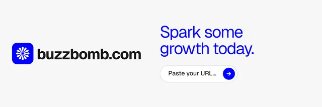 X header for BuzzBomb: "Spark some growth today." Agentic glass style, logo hero layout, light palette in white, blue.