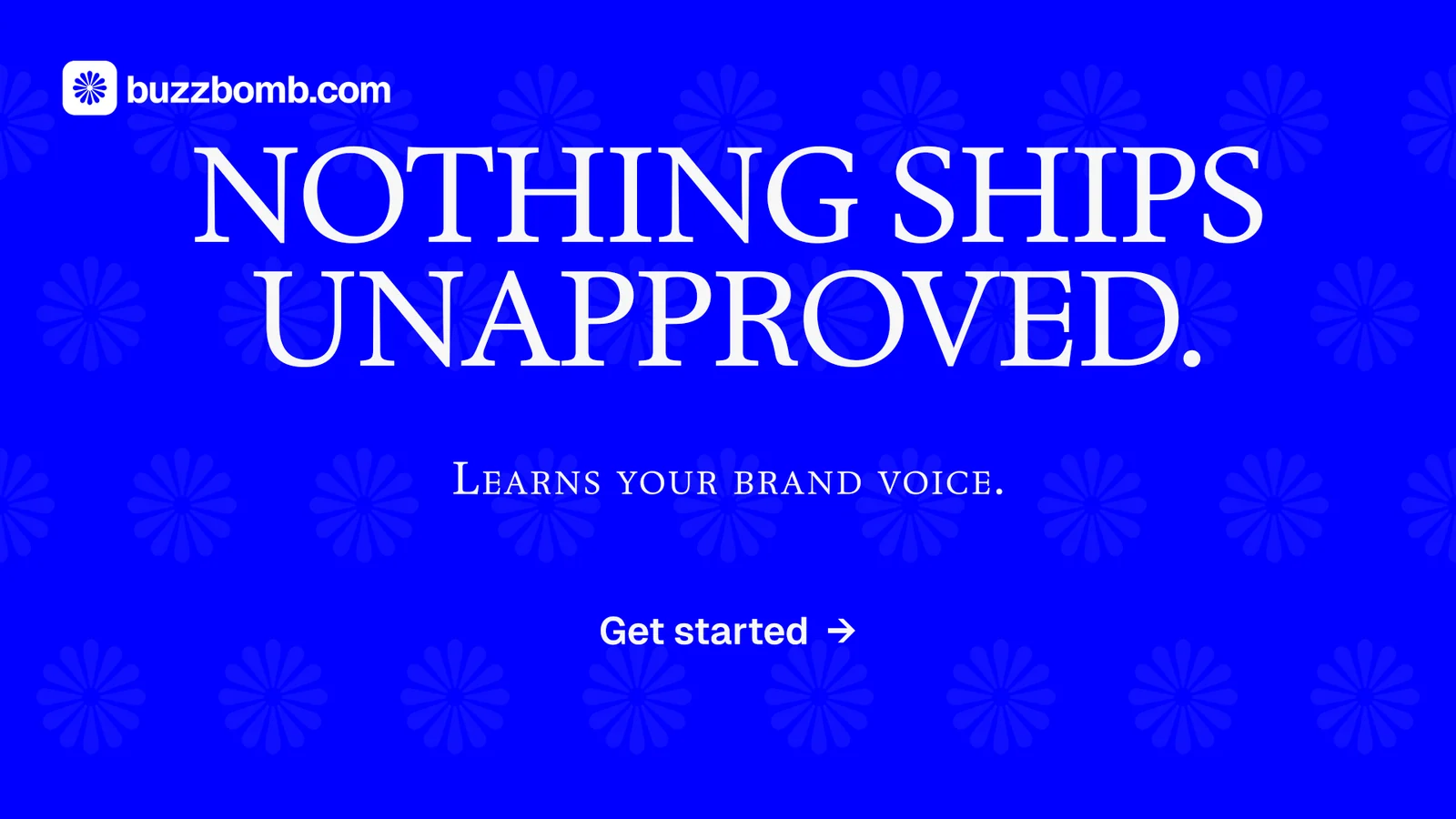 Landscape graphic for BuzzBomb: "Nothing ships unapproved." Swiss style, smallcaps layout, dark palette in blue.