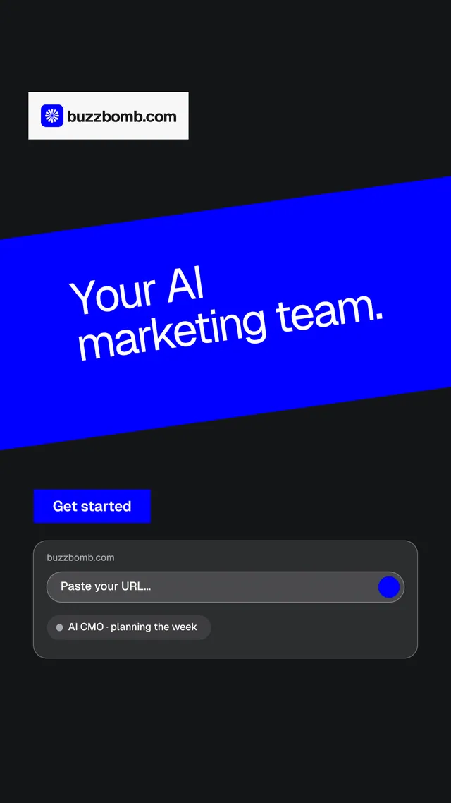 Instagram story for BuzzBomb: "Your AI marketing team." Split block style, diagonal layout, dark palette in black, blue.