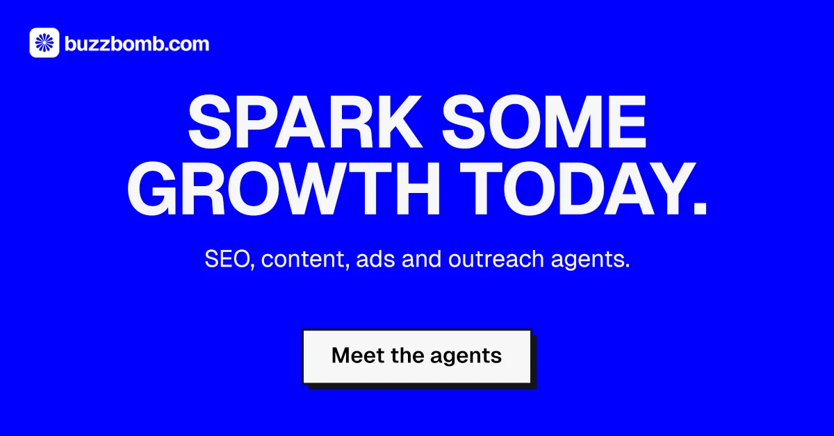 Social ad for BuzzBomb: "Spark some growth today." Brutalist style, centred layout, dark palette in blue.