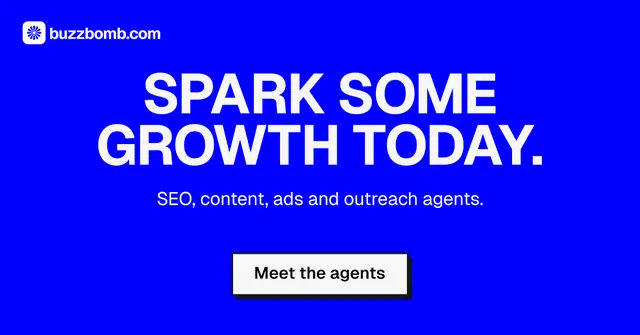 Social ad for BuzzBomb: "Spark some growth today." Brutalist style, centred layout, dark palette in blue.