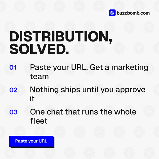 Instagram post for BuzzBomb: "Distribution, solved." Brutalist style, numbered layout, light palette in white, grey.