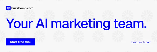 X header for BuzzBomb: "Your AI marketing team." Swiss style, poster layout, light palette in white, blue.