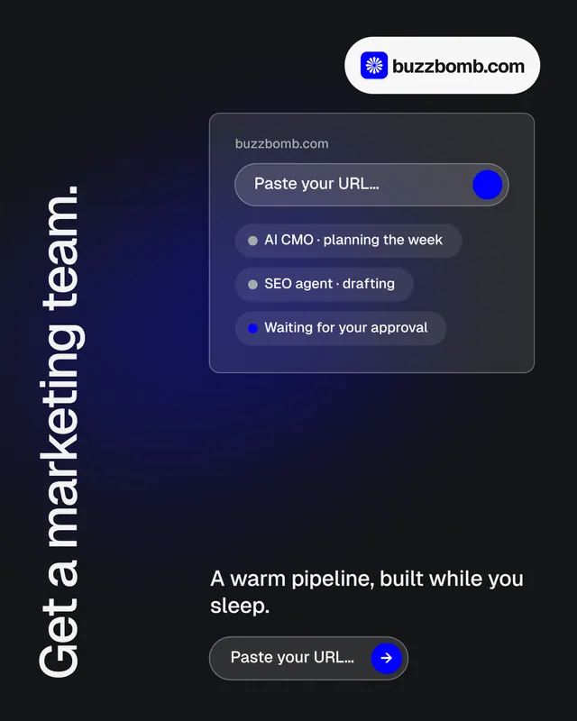 Instagram portrait post for BuzzBomb: "Get a marketing team." Agentic glass style, vertical layout, dark palette in black, blue, grey.