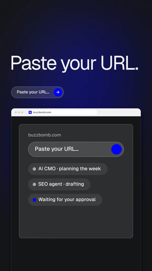 Instagram story for BuzzBomb: "Paste your URL." Agentic glass style, browser layout, dark palette in black, blue, grey.