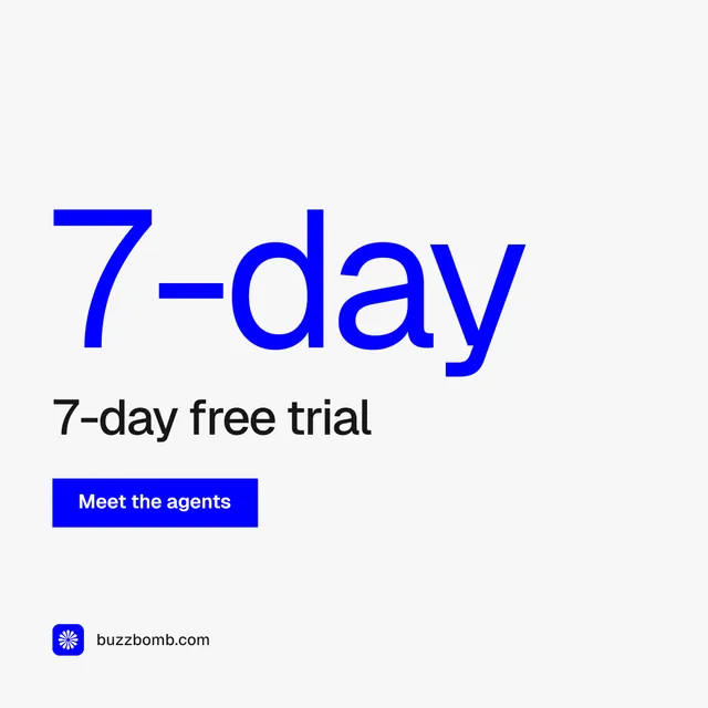 Instagram post for BuzzBomb: "Distribution, solved." Swiss style, stat layout, light palette in white, blue.