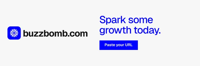 X header for BuzzBomb: "Spark some growth today." Swiss style, logo hero layout, light palette in white.