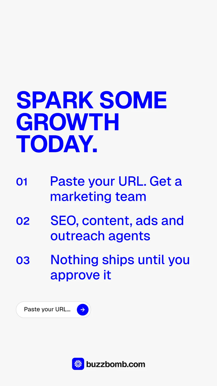 Instagram story for BuzzBomb: "Spark some growth today." Agentic glass style, numbered layout, light palette in white, blue.