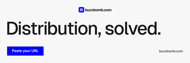 X header for BuzzBomb: "Distribution, solved." Swiss style, poster layout, light palette in white, blue.