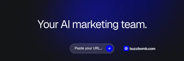 X header for BuzzBomb: "Your AI marketing team." Agentic glass style, centred layout, dark palette in black, blue.