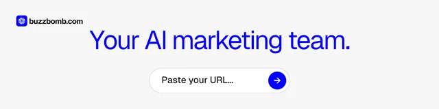 LinkedIn banner for BuzzBomb: "Your AI marketing team." Agentic glass style, skeleton layout, light palette in white, blue.