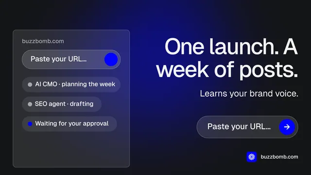 Landscape graphic for BuzzBomb: "One launch. A week of posts." Agentic glass style, right layout, dark palette in black, blue, grey.