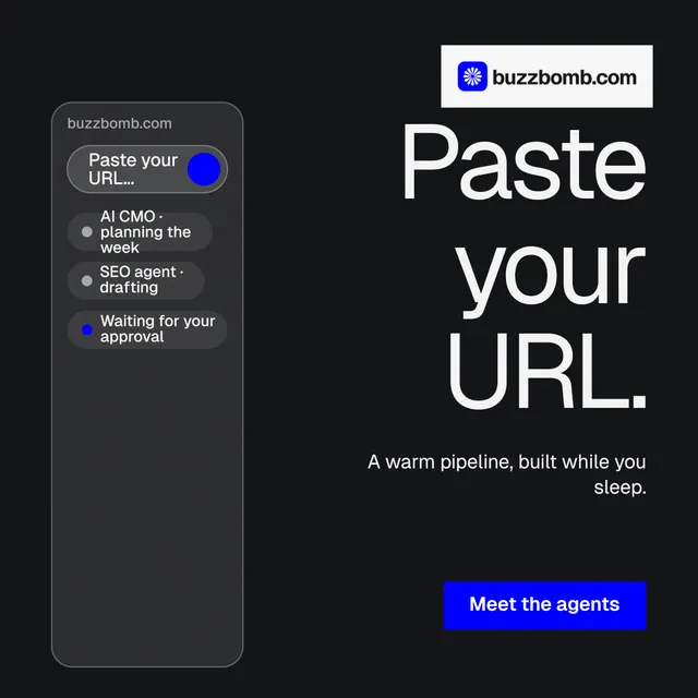 Instagram post for BuzzBomb: "Paste your URL." Split block style, right layout, dark palette in black, grey.