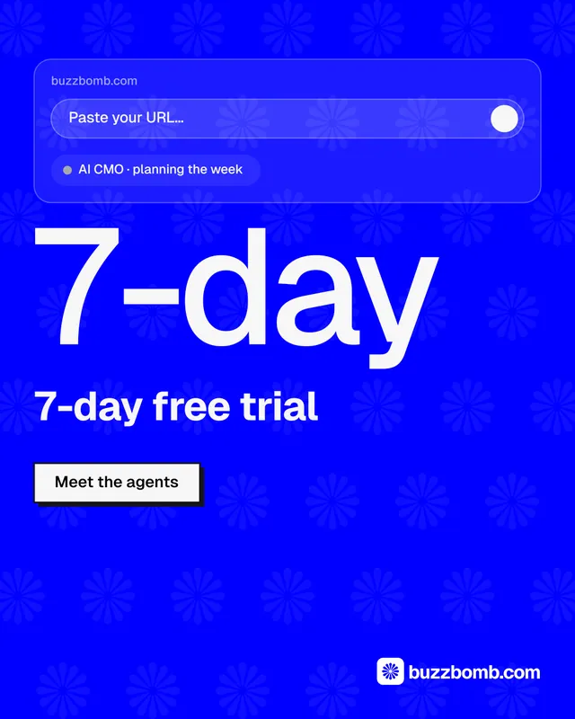 Instagram portrait post for BuzzBomb: "Spark some growth today." Brutalist style, stat layout, dark palette in blue.