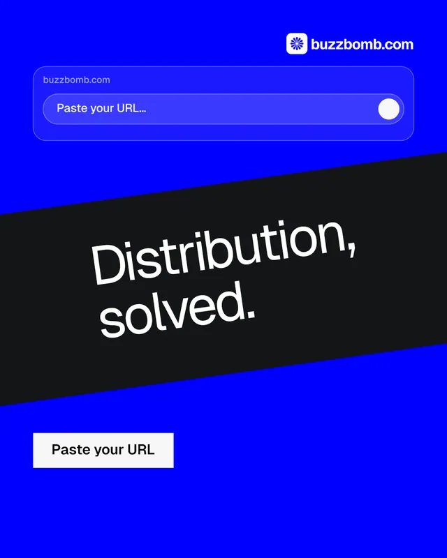 Instagram portrait post for BuzzBomb: "Distribution, solved." Split block style, diagonal layout, dark palette in blue.