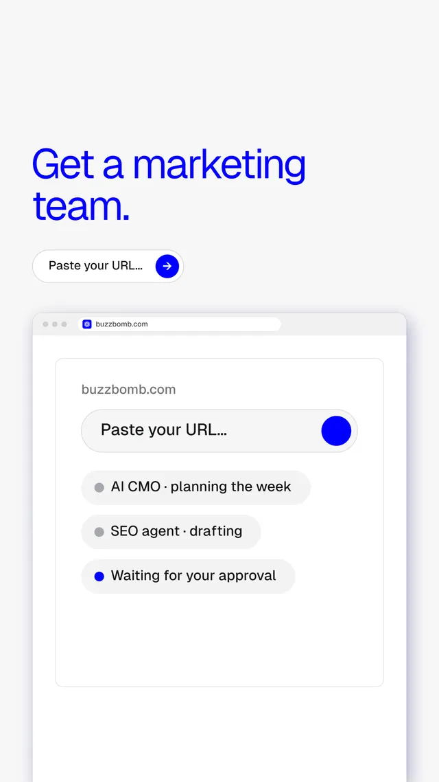 Instagram story for BuzzBomb: "Get a marketing team." Agentic glass style, browser layout, light palette in white, blue.