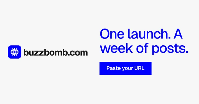 Social ad for BuzzBomb: "One launch. A week of posts." Swiss style, logo hero layout, light palette in white, blue.