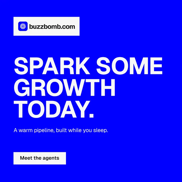 Instagram post for BuzzBomb: "Spark some growth today." Swiss style, announce layout, dark palette in blue, white.