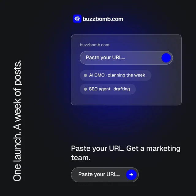 Instagram post for BuzzBomb: "One launch. A week of posts." Agentic glass style, vertical layout, dark palette in black, blue.
