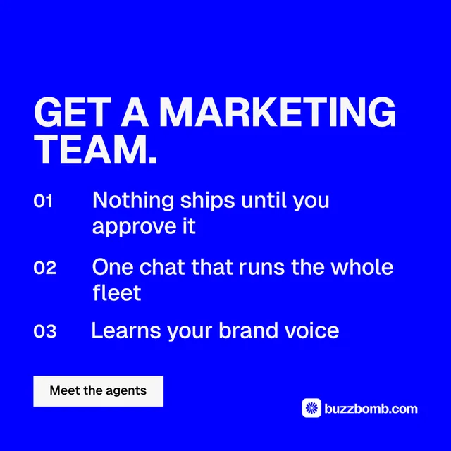 Instagram post for BuzzBomb: "Get a marketing team." Swiss style, numbered layout, dark palette in blue.